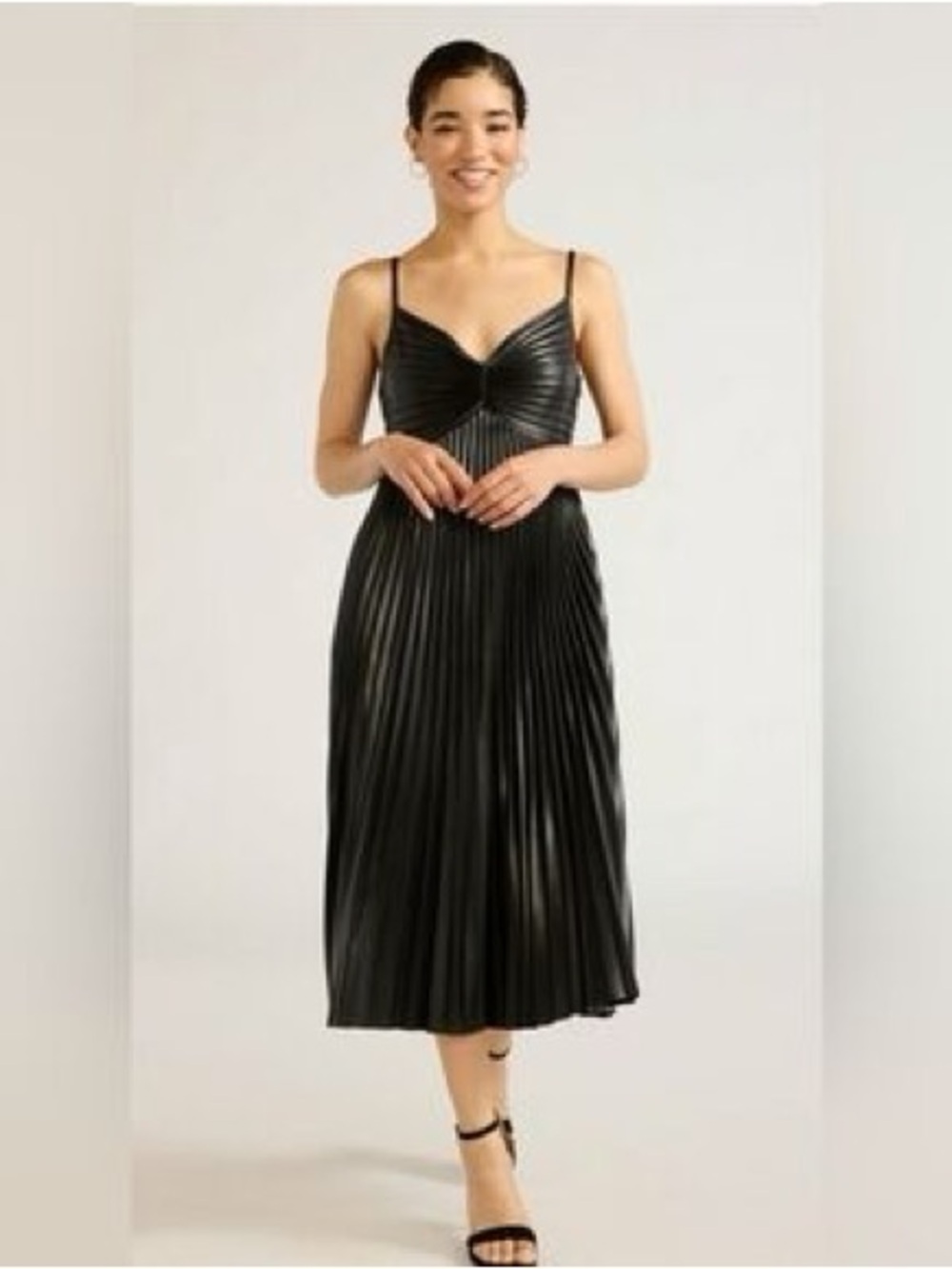 Black Pleated Faux-Leather Midi Dress